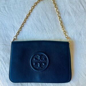 Tory Burch Navy Blue Bombe Clutch with Gold Chain